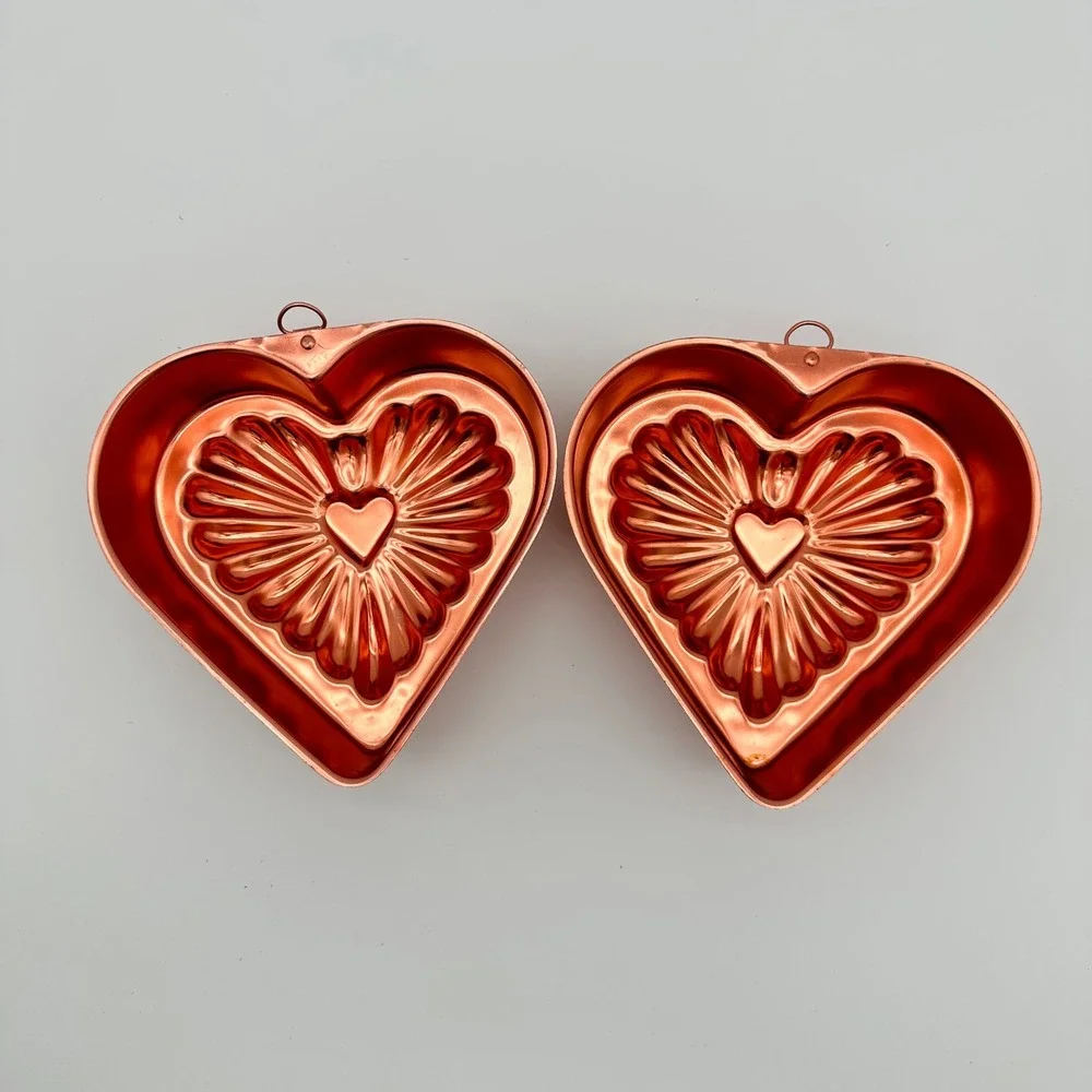 Vintage Copper Heart Jello Mold Set 2pc Sunburst Fluted Wall Hanging Decor